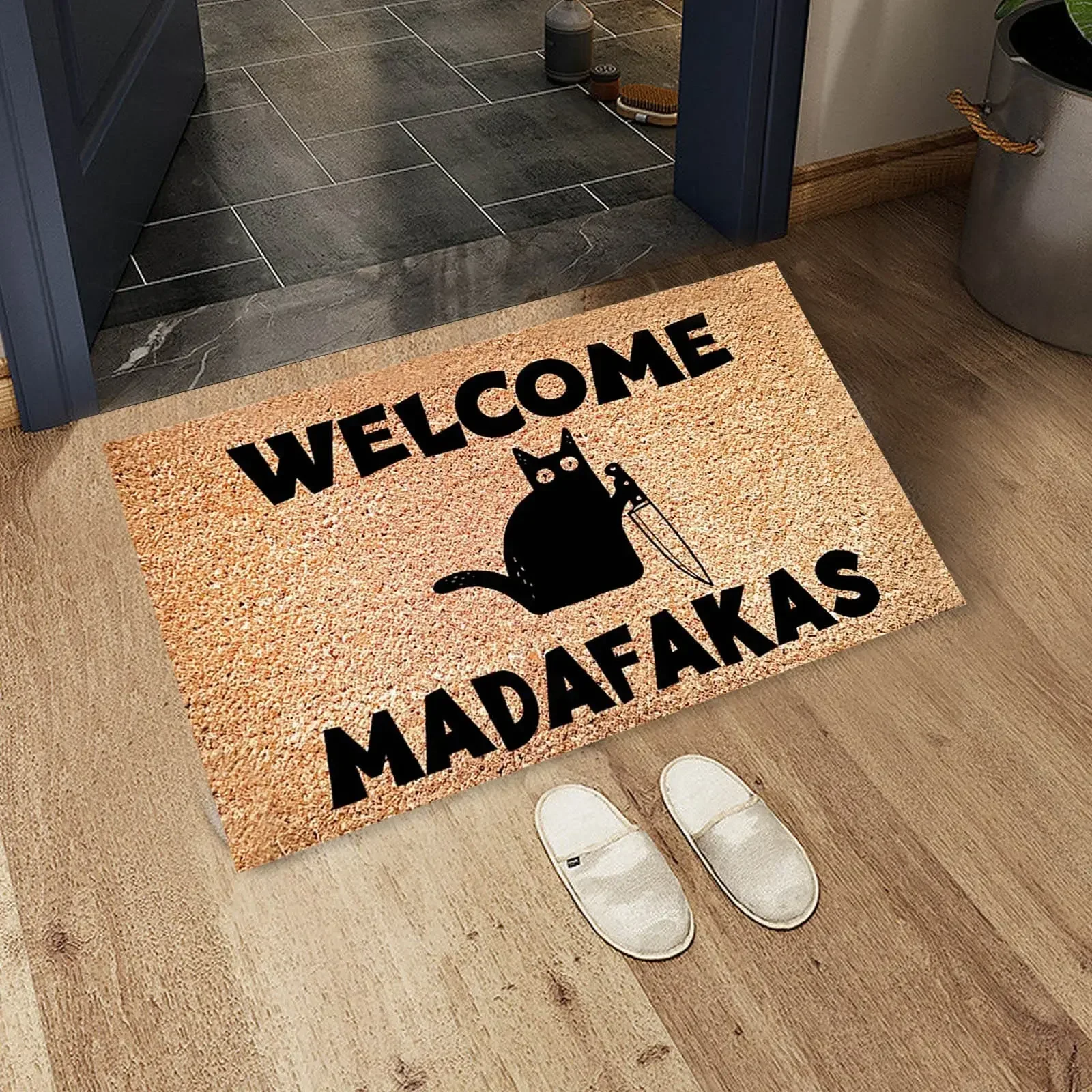 VIKAMA Dark Cat Welcome Madafakas Full Print Doormat Fun Doormat Home Decor Kitchen Bathroom Mat Home Decoration