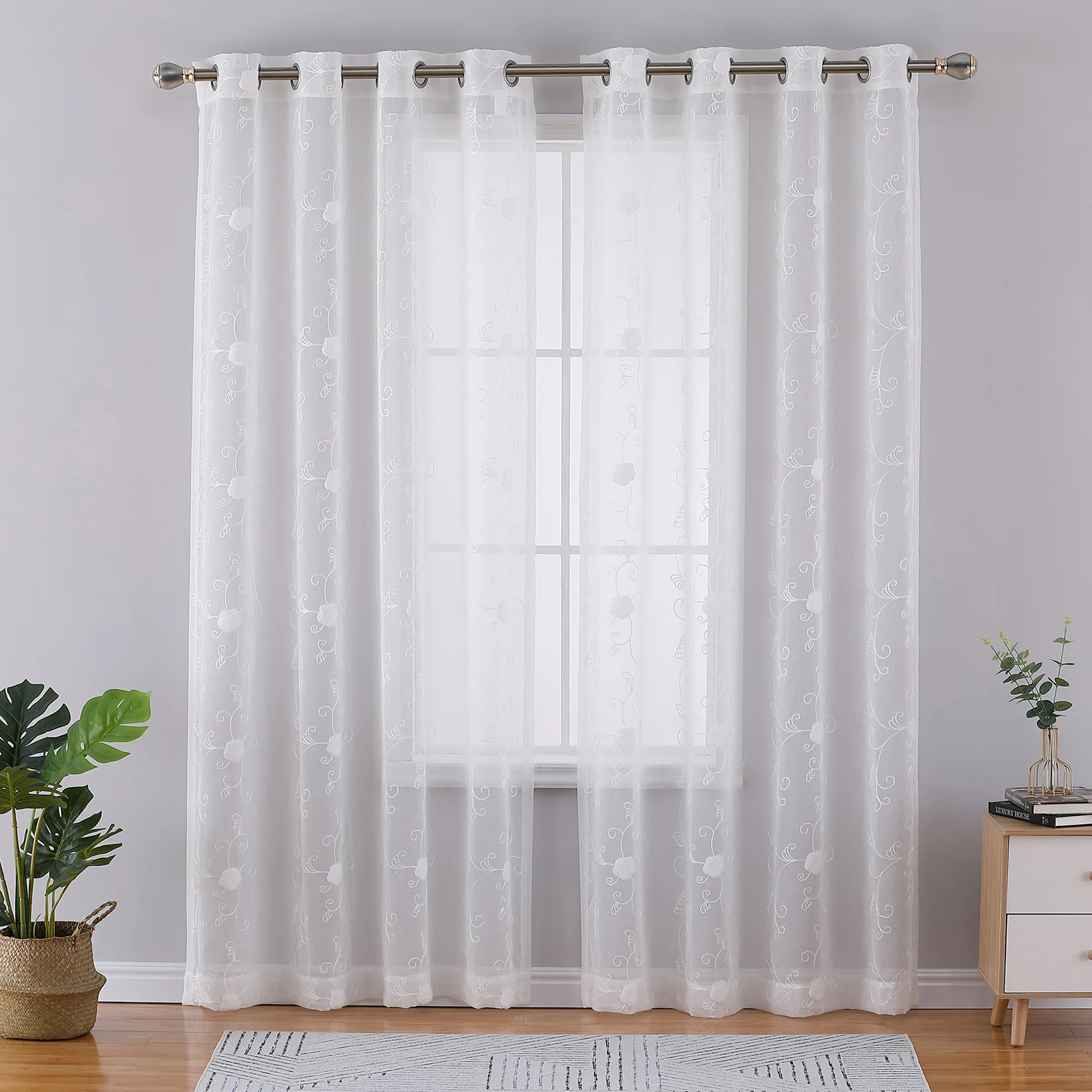 

White Semi Sheer Curtains 63 In Floral Embroidered Bathroom Window Curtain, Voile Grommet Light Filtering Window for Bedroom 2 P