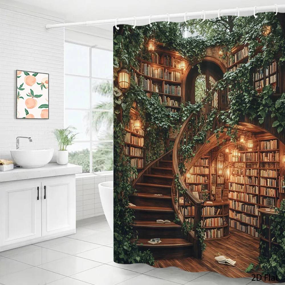 Vintage Library Shower Curtain Forest Greenhouse Academia Waterproof Bathroom Tapestry Boho Decor Polyester Novelty Print