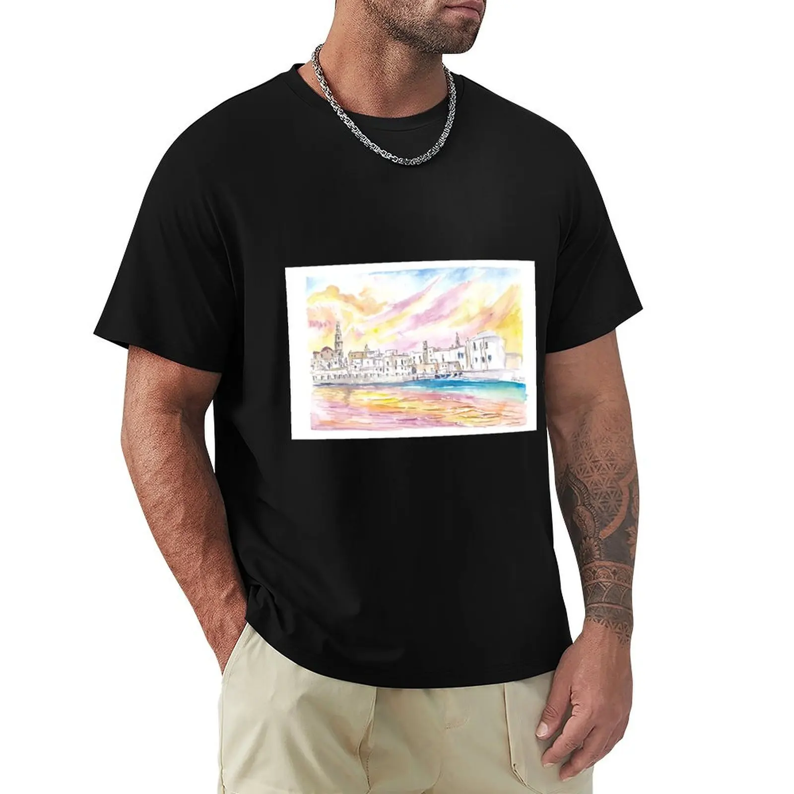 View of Monopoli Italy with Old Port in Spectacular Sunlight T-Shirt man t shirts graphic T-Shirt