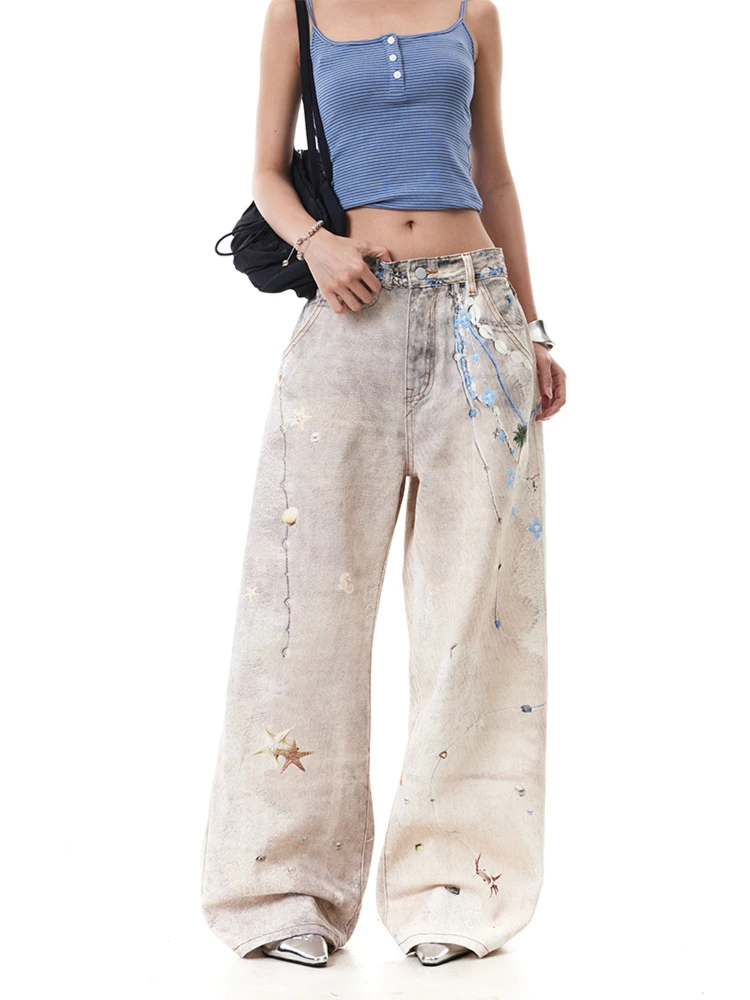 

Retro American Design Ocean Floral Print Jeans Distressed Loose Straight Leg Long Trousers Casual Summer Jeans for Teens