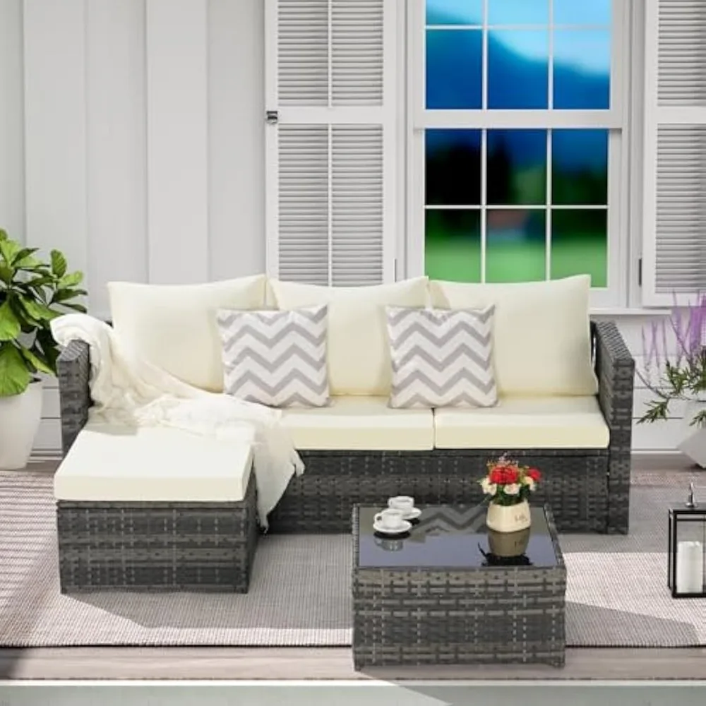 Detachable 2 Pieces Patio Furniture Set, All-Weather L- Shaped Sectional Sofa Set with Ottoman, Patio Seating Sofa with Cushion