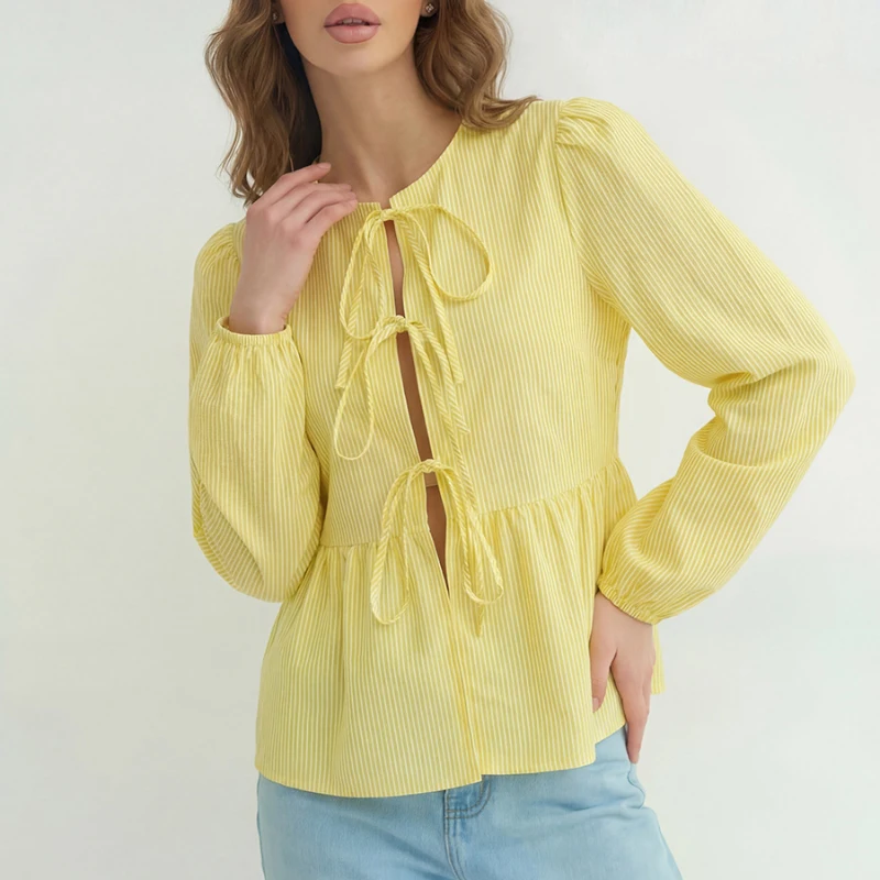 

Повседневная приталенная блузка в полоску со шнуровкой, женская элегантная рубашка с драпировкой и вырезами, с длинным рукавом, весна-лето 2026, уличный стиль, с круглым вырезом