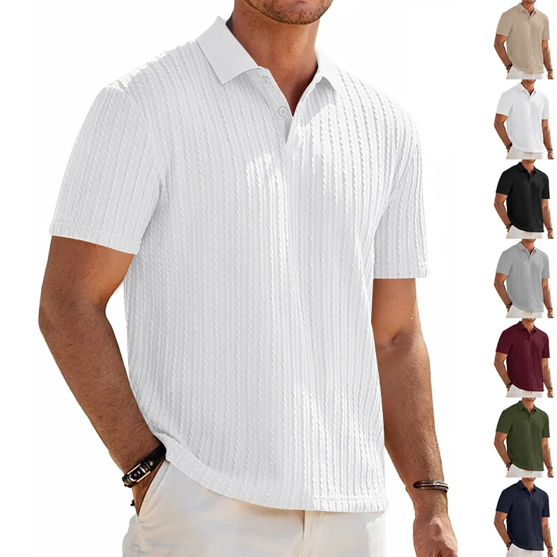 Europäisches und amerikanisches Sommer-Herren-Polohemd mit lockerem Jacquard-Strickmuster, geknöpft, kurzärmelig, auf Lager – Detail 2