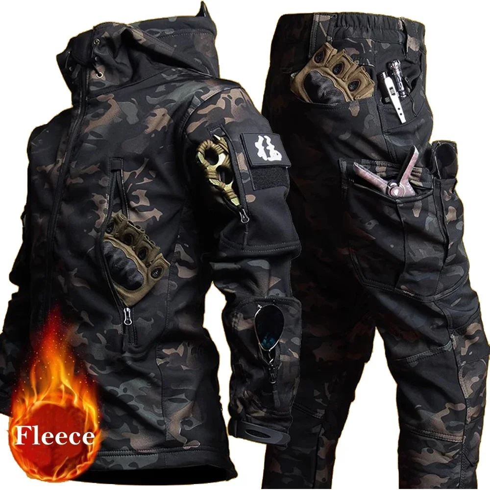 Men's Winter Jacket Tactical  Sets Fleeced Sharkskin Windproof Waterproof Padding Suits Paintball Uniform Pockets Camo