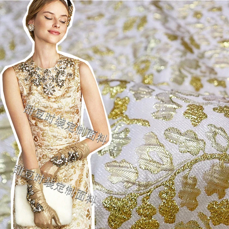 

Gold Silk Brocade Jacquard Fabric Yarn-dyed Stiff Dress Clothing European Brand Fashion Design Sewing Wholesale Cloth by Meter