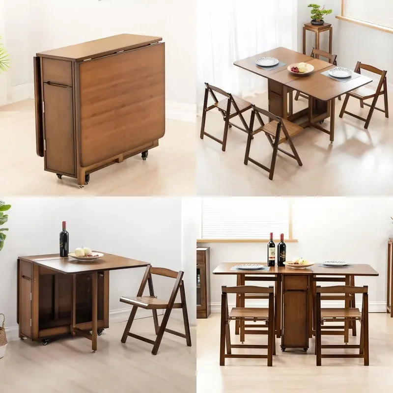 Wholesale Bamboo Extendable Folding Dining Set Space-Saving Table with 4-Chair Storage & Universal Wheels for Small