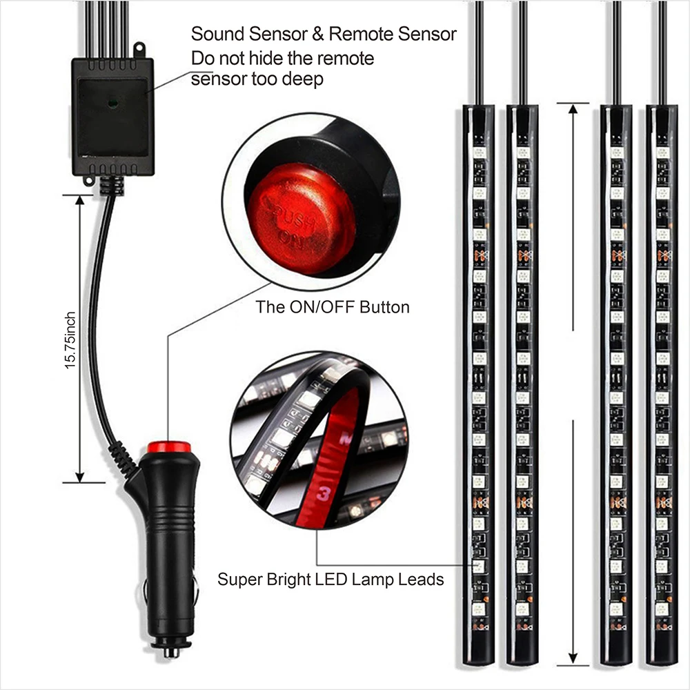 Neon 36 48 72 RGB LED Auto-interieur Ambient Voetlicht Draadloze afstandsbediening Muziek APP Controle Auto RGB Sfeer Decoratieve Lamp DC12