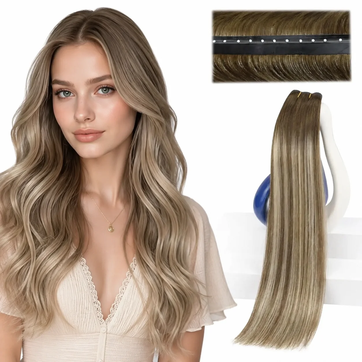 Ugeat Butterfly Weft Hair Extensions Human Hair Genius Weft Micro Bead PU Hole Remy Hair Extensions Silky Natural Look for Women