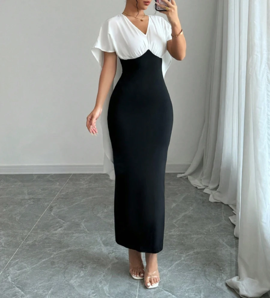 Damen Frühling Sommer Schwarz-Weiß Colorblock V-Ausschnitt Cape Kurzarm Bodycon Maxi Elegantes Cocktailkleid