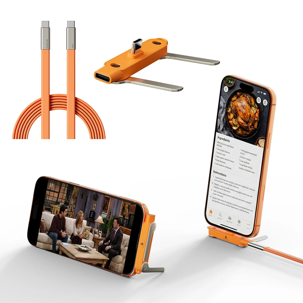 240W 2-in-1 Black/Orange Fast Charging Foldable Bracket Data Cable Type-C to Type-C Data Wire with Phone Tablet Stand