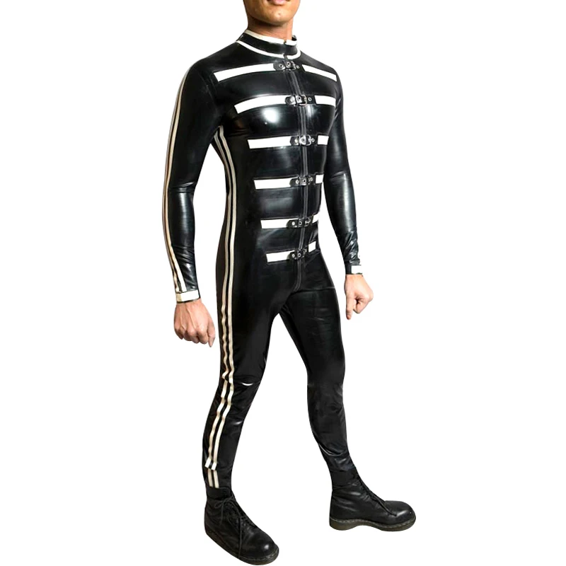 Black And White Sexy Latex Catsuit With Zipper Front Strips At Two Sides  Buckles Rubber Body Suit Bodysuit Zentai LTY-0311