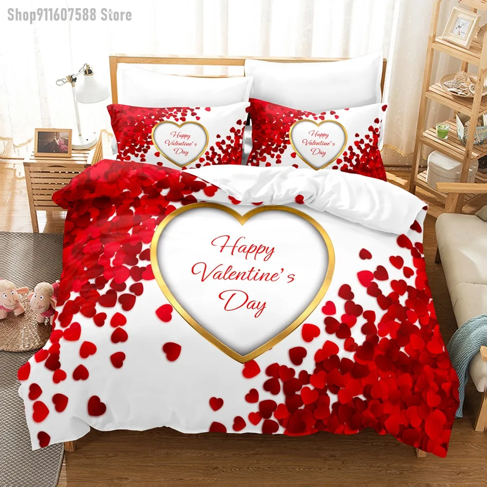 

Red Loving Heart Bedding Set Valentine's Day Duvet Cover Microfiber Quilt Cover with Pillowcases for Lovers Couple Teens Gifting