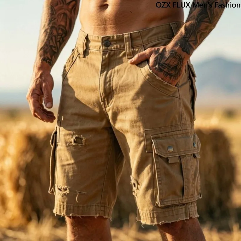 Summer Men Cargo Pants Shorts Waterproof Outdoor Breathable Zipper Pockets Casual Elastic Waist Waffle Fabric Workwear Washed