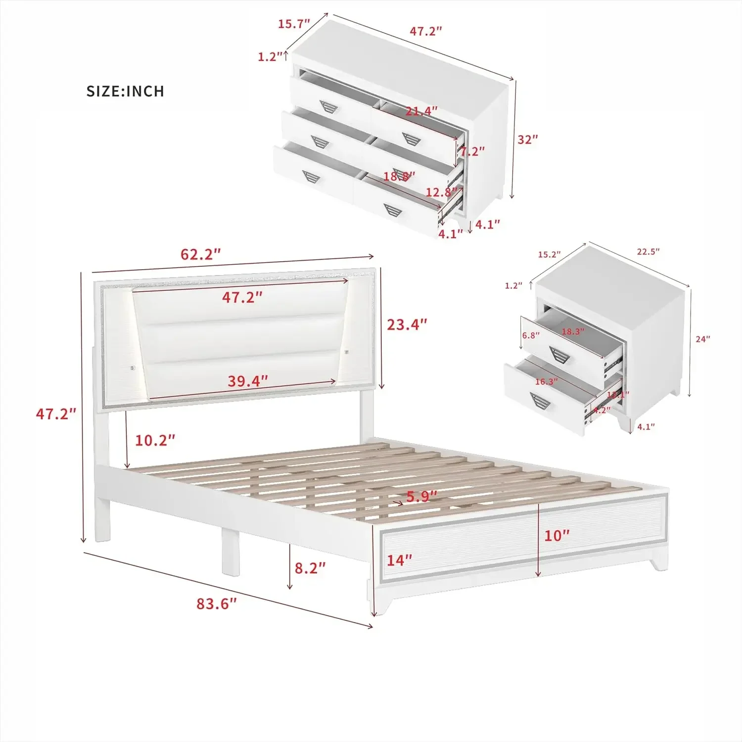 3 Pieces Bedroom Sets Queen Size Upholstered Bed with LED Lights, Nightstands and Dresser with Metal Handles,Wood Furniture Set