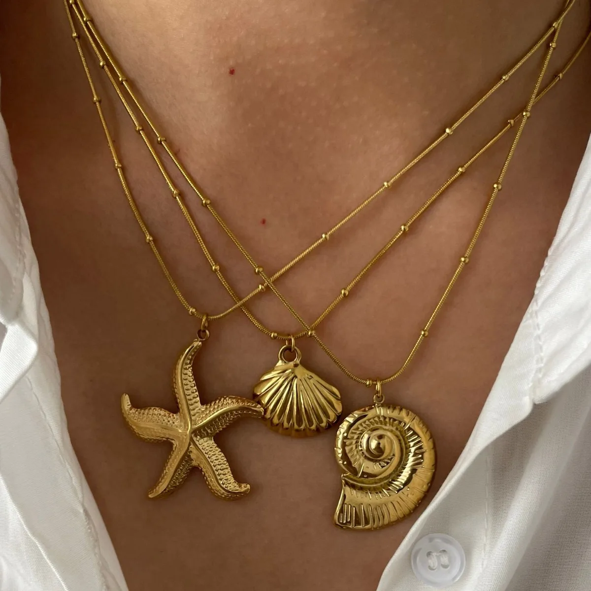 Minimalist Starfish Stripe Conch Scallop Shaped Pendant Necklace for Women Waterproof Trend Jewelry Summer Beach Party