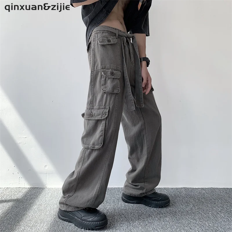 

High street retro casual large pocket overalls men's and women's new summer high waist loose straight tube draped wide leg pants