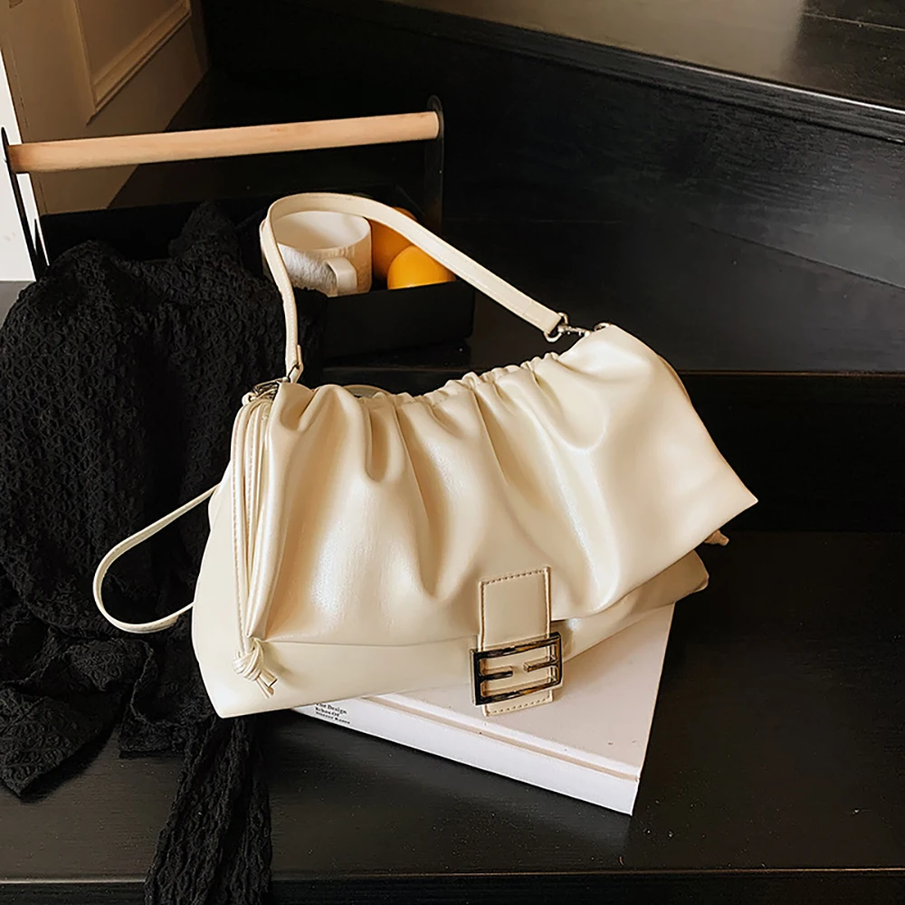 

Soft Leather Cloud Pleated Drawstring Tote Bags Women Casual Large Capacity Single Shoulder Bag Fashion Versatile Underarm Bag
