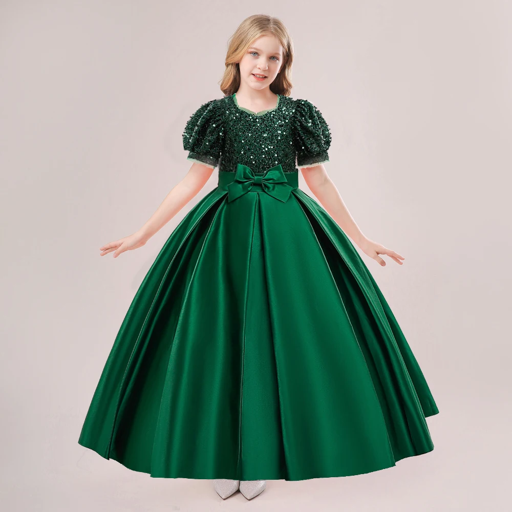 Sequin Elegant Kids Party Dresses For Girls Children Green Christmas Wedding Birthday Gown Bow Girl Princess Evening Dress 4-14Y