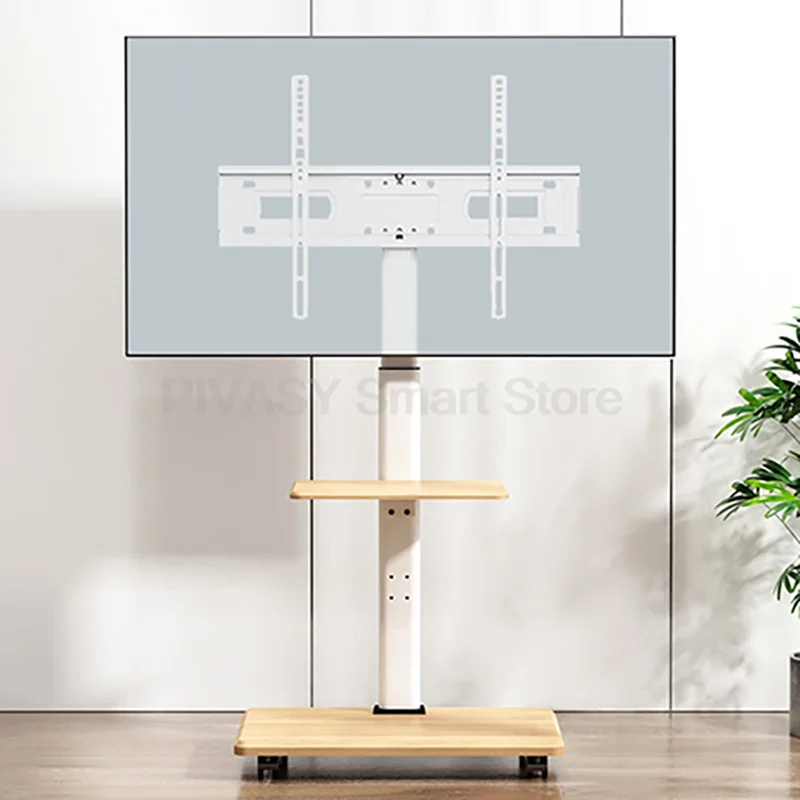 

Мобильная напольная подставка для телевизора, белое художественное крепление из массива дерева, универсальная регулируемая высота с полкой, эстетичная подставка для телевизора для домашнего декора