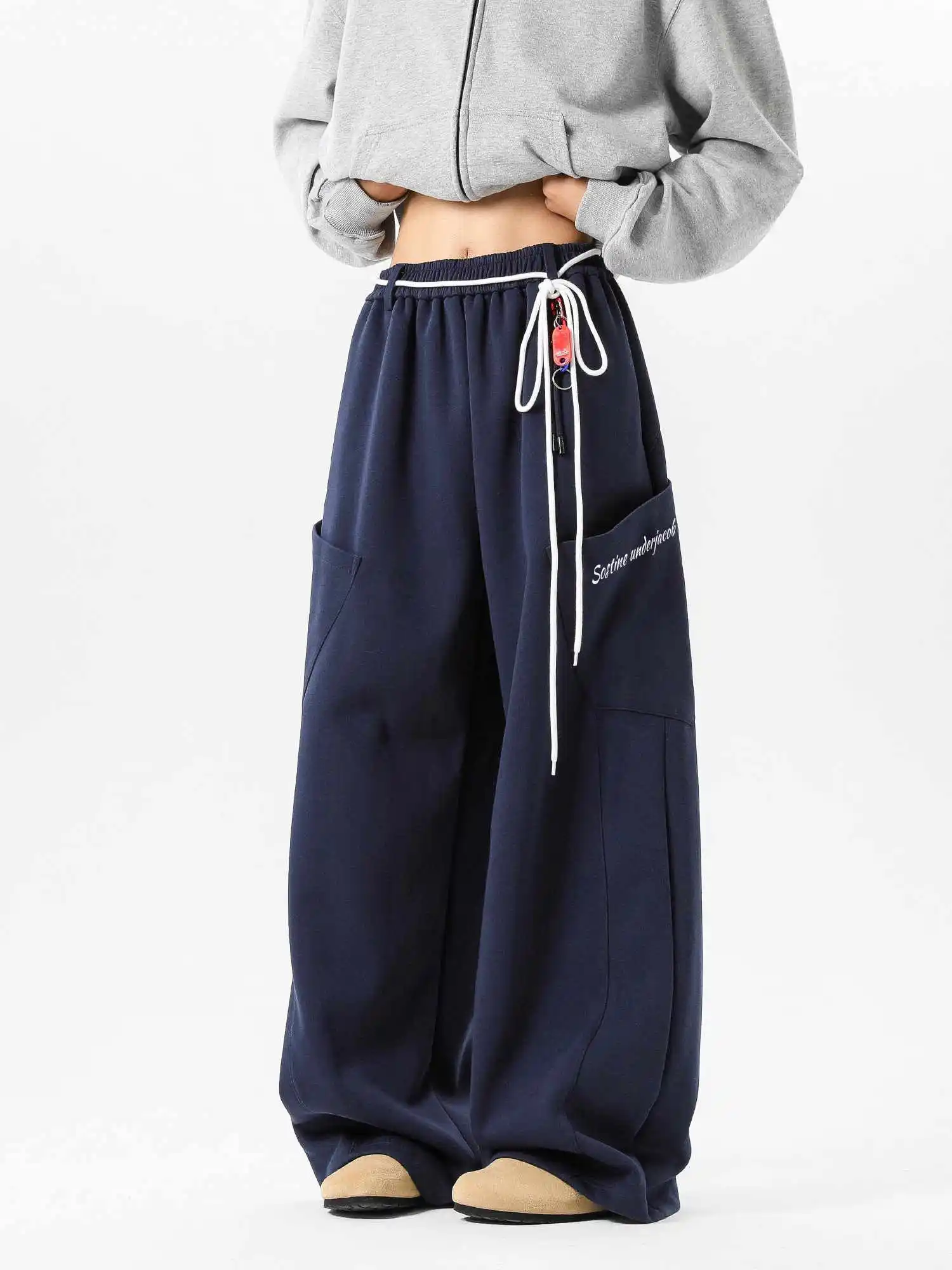 Women's Navy Y2k Baggy Cargo Pants Harajuku Boyfriend Sweatpants Japanese 2000s Style Vintage Oversize Trousers Clothes Summer
