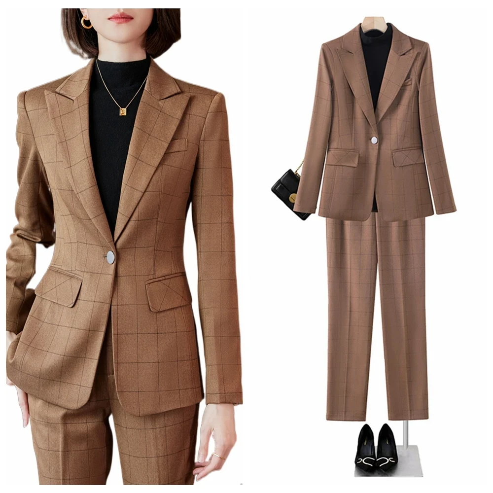 

Formal OL Styles Plaid Women Pant Suits Autumn Winter Khaki Gray Professional Office Ladies Work Wear Elegant 2 Piece Blazer Set