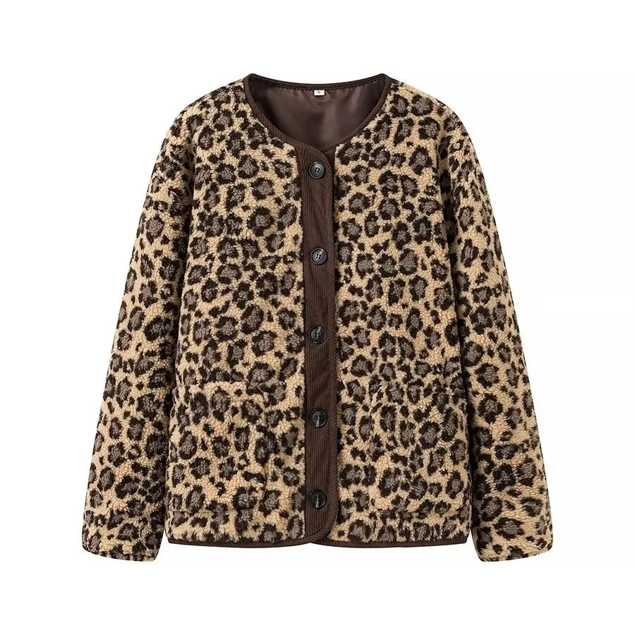 Women Street Lamb Wool Animal Print Jacket Autumn Winter New Fashion Leopard Print Casual Loose Long Sleeve Coat Women Clothing