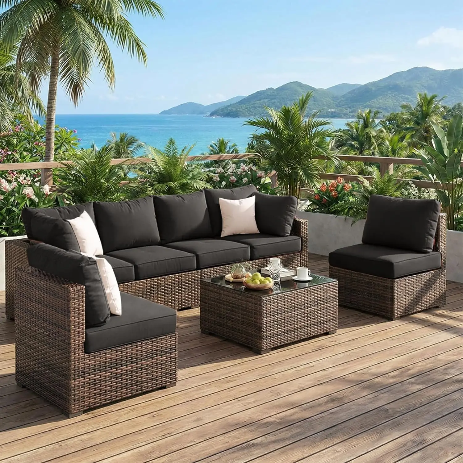 

Patio Furniture Set 7 Piece Outdoor Wicker Sectional Sofa - All Weather High Backrest PE Rattan Couch Conversation, Customized