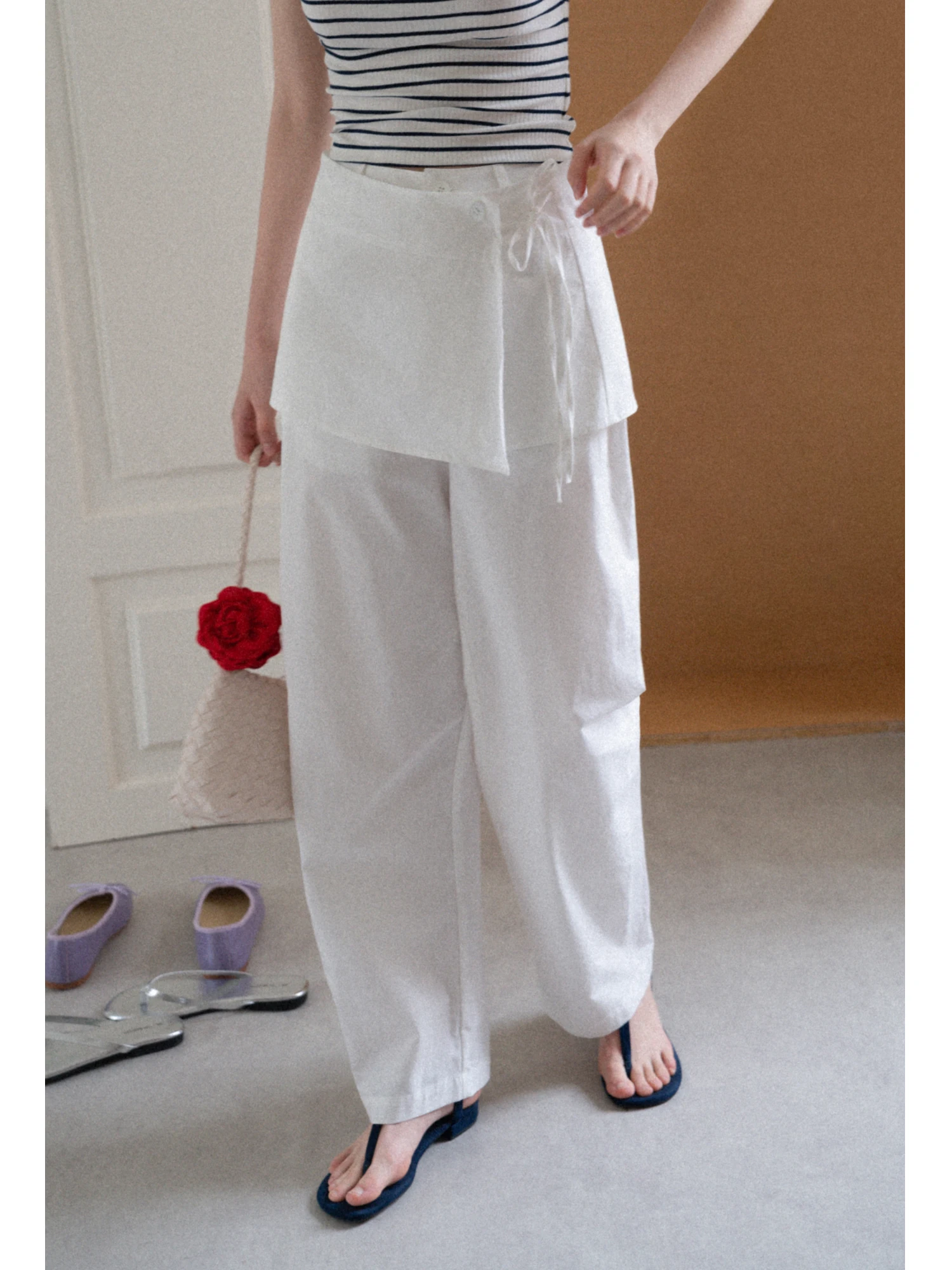 

High Waist Straight Leg Linen Casual Pants Detachable Wide Leg Long Trousers Comfortable Loose Fit White Casual Trousers