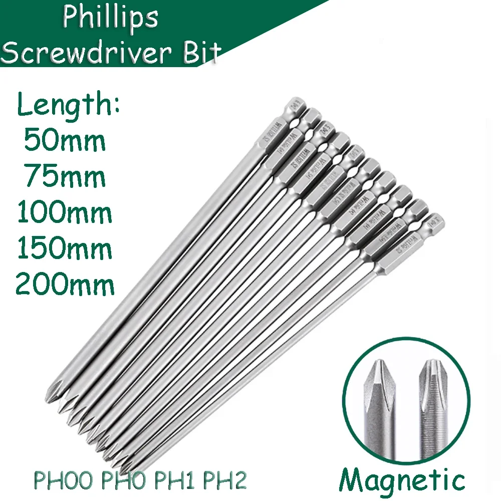 

Phillips Screwdriver Bit PH00~PH2 Magnetic 50/75/100/150/200mm Length 1/4 in. Hex Shank S2 Steel Electric Batch Head Repair