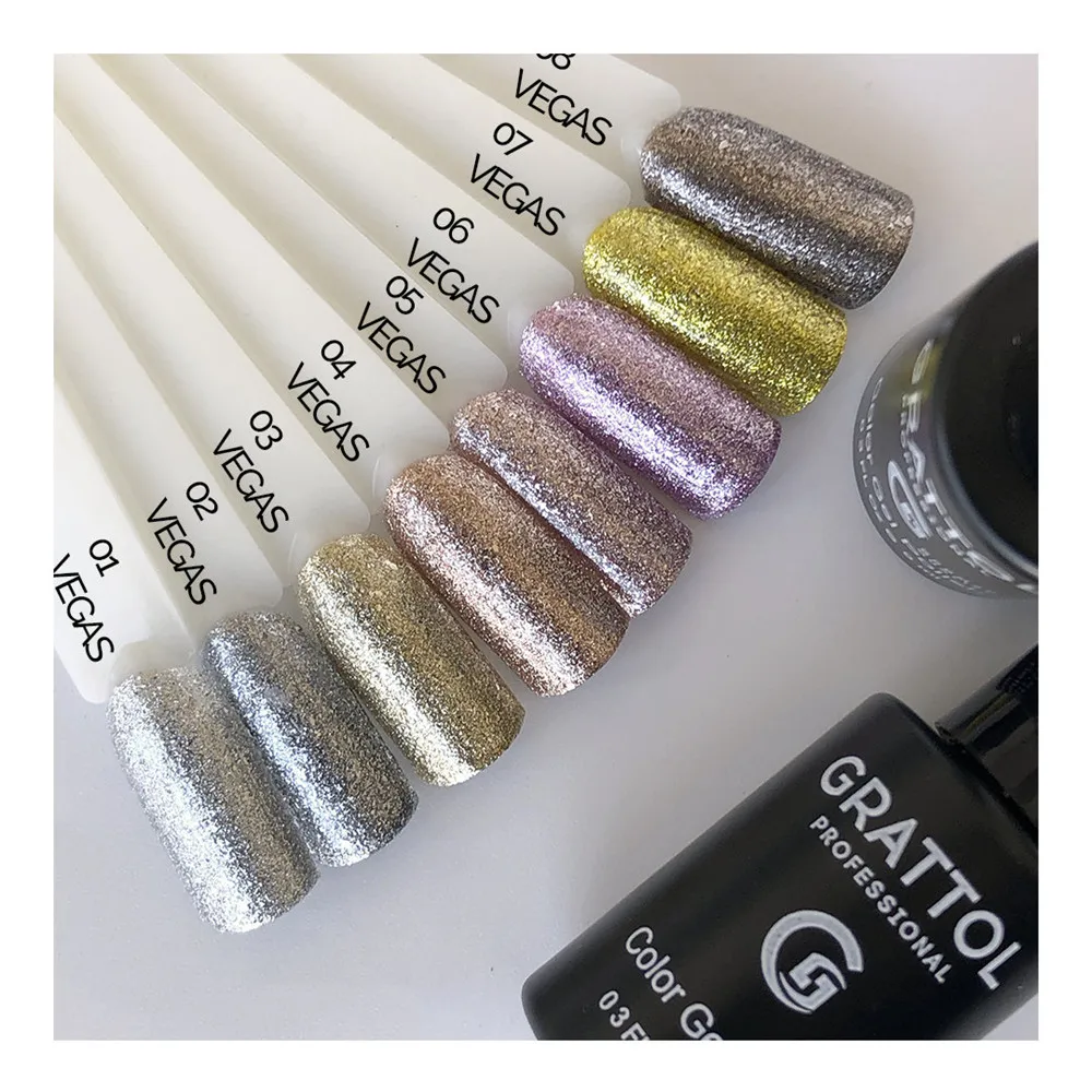 GRATTOL Professional 9 Ml Glitter UV Gel Nail Polish VEGAS Series Led Nail Gel Shining Base Top Coat For Painting Extension Nail