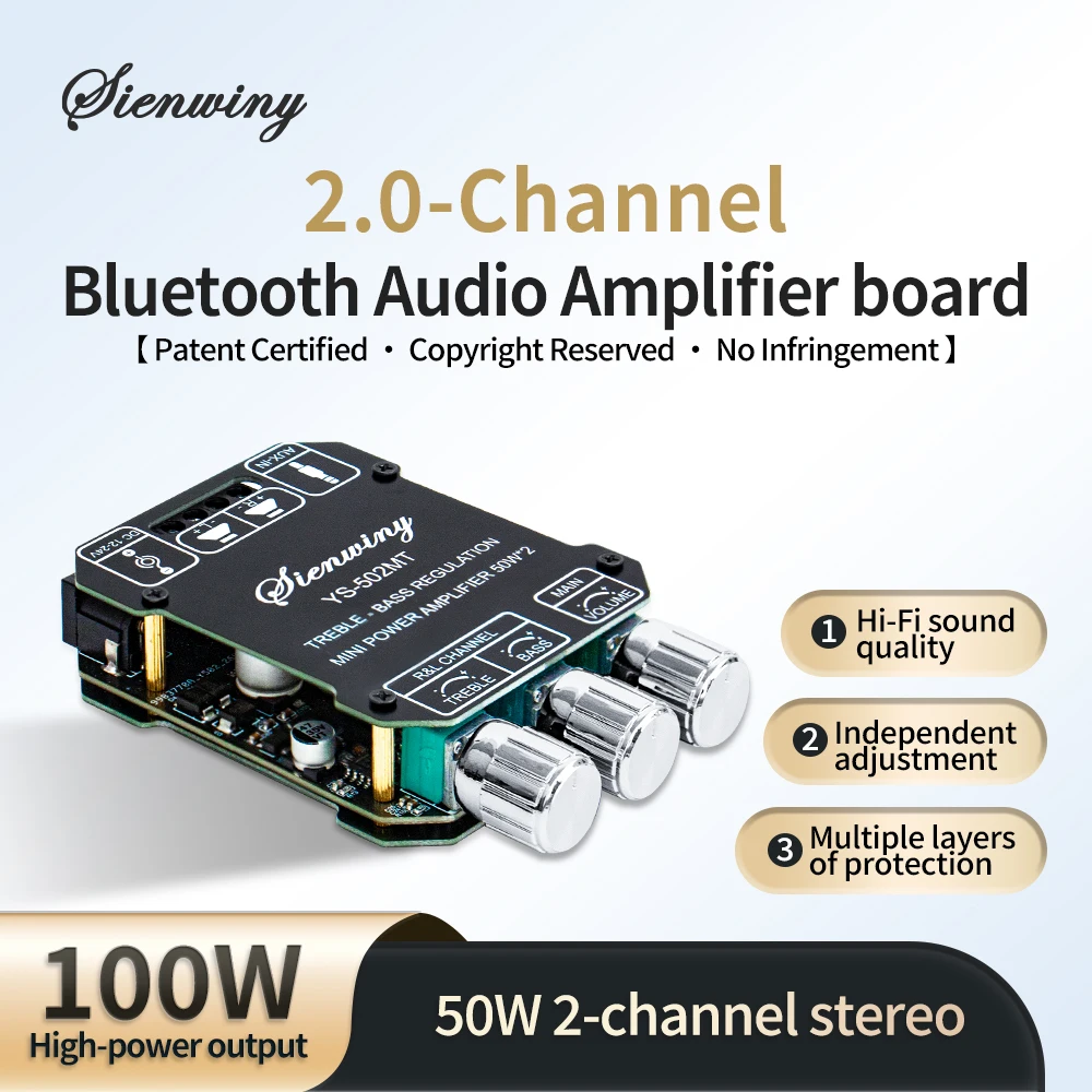 YS-502MT Bluetooth Audio Amplifier Board 2.0 Channel 100W Mini Hi-Fi Stereo Power Amp Module DC 12-24V For Speakers