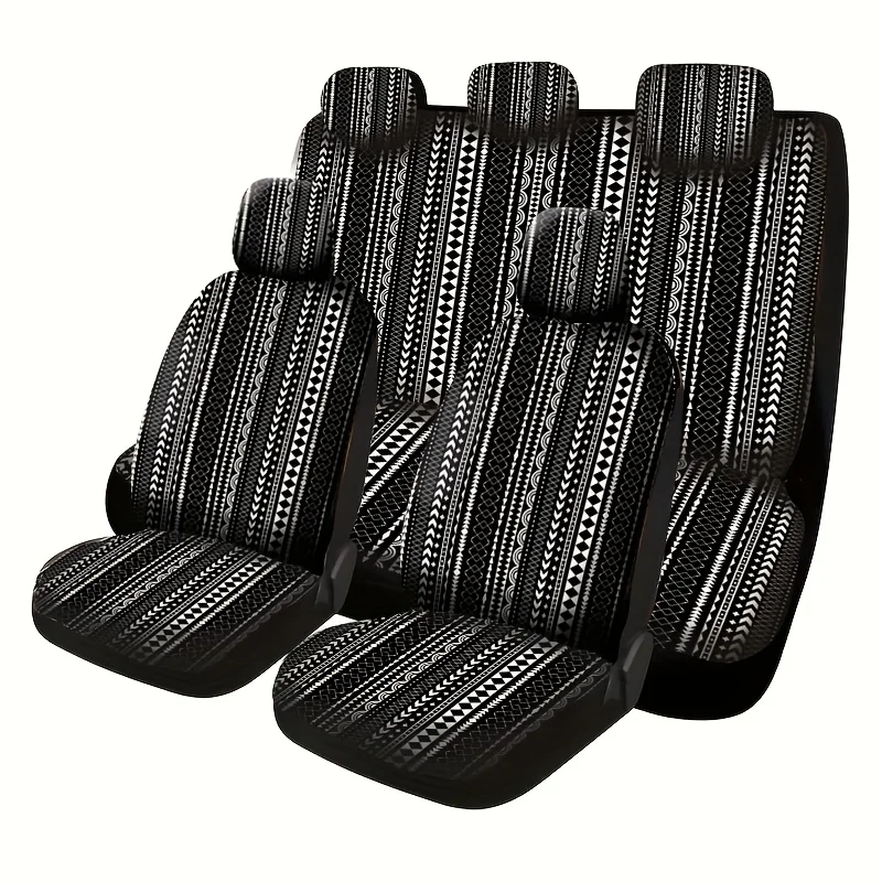 

Retro Ethnic Black And White Striped Linen Print Universal Car Seat Covers For 5 Seats, Vehicle Interior Upgrade, Ethnic Patter