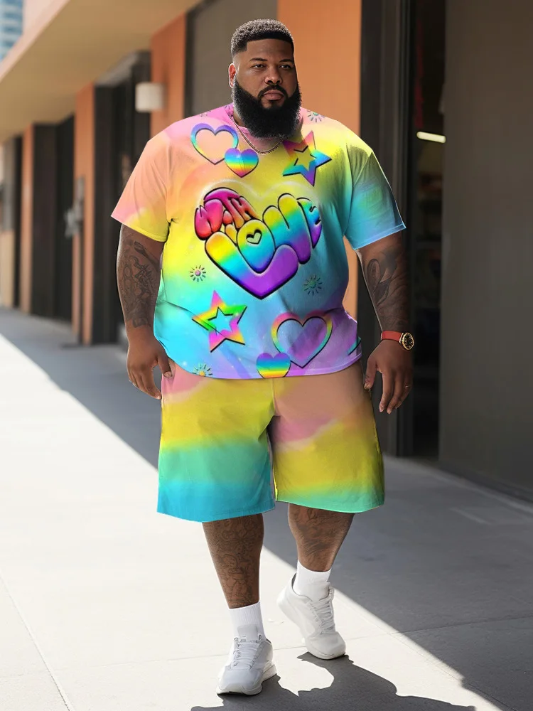 ZOOY (L-9XL) Men's Plus Size Suit Summer Color-Blocked Skull Smudged Simple Fashion Sports Short-Sleeved Shorts Suit