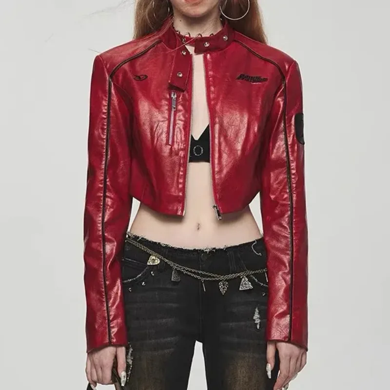 Women's Autumn/Winter Top Coat Imitation Leather Cardigan Stand-up Collar Color Blocking Letter Print Casual Design Fashion New