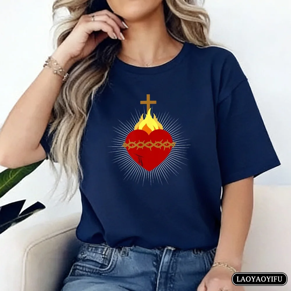 Sacred Heart Flame Cross Crown Of Thorns Printing Tshirt Lines Catholic Devotion Christian T-Shirt Breathable Summer Cotton Tees
