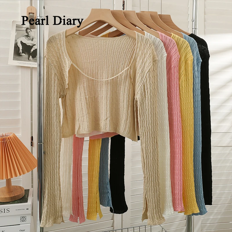 

Pearl Diary Autumn Fashion Long Sleeve Knitting Tops Women Low Neck Exposed Clavicle Sleeve Vent T-Shirt Short Slim Thin Crop To