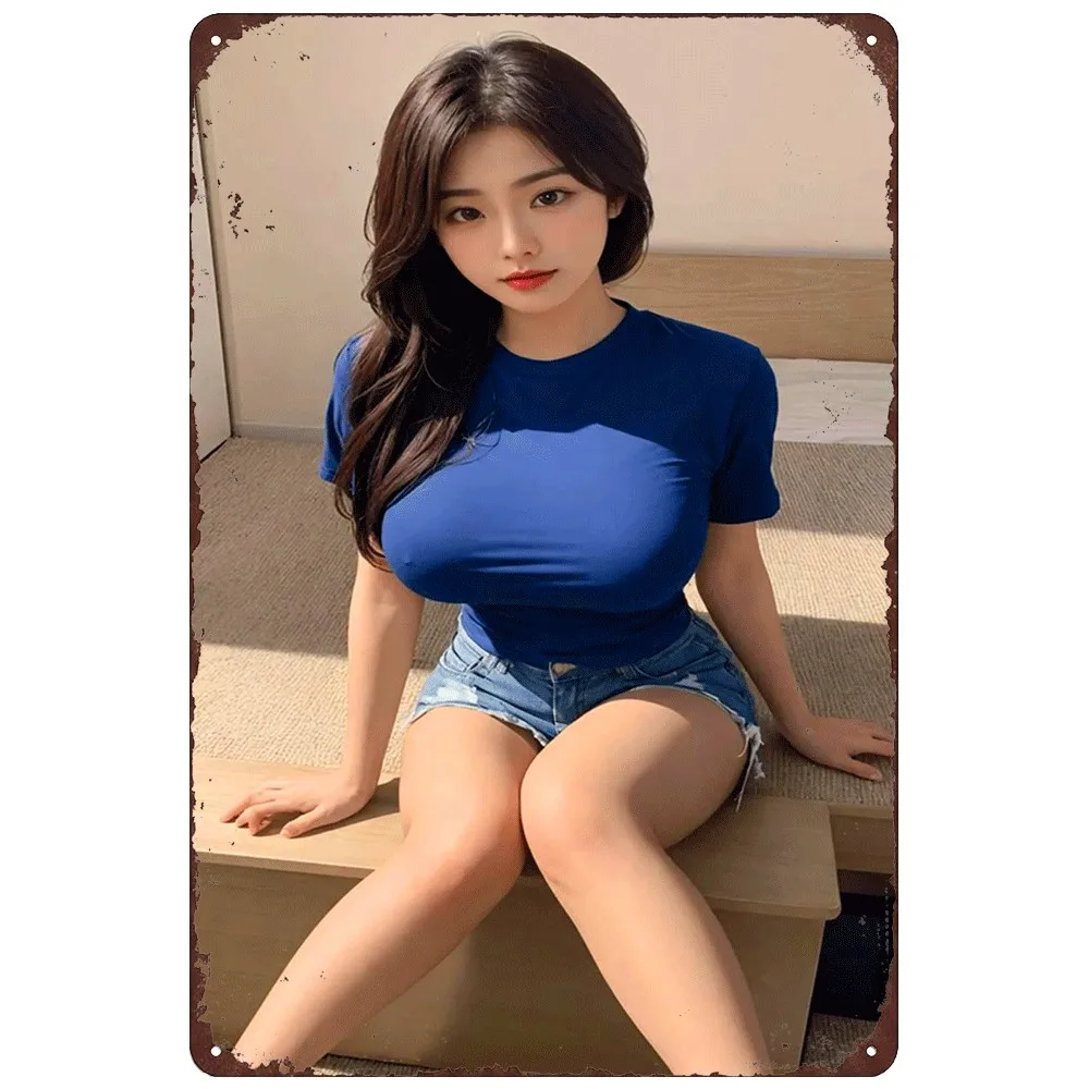 HD Tin Sign Vintage Asian Babe in Blue T-Shirt & Denim Shorts Metal Wall Decor