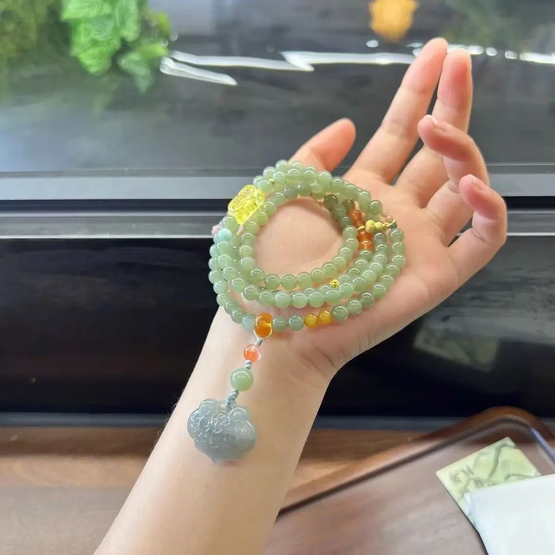 Natural Hetian jade clear water material 6mm multi-circle bracelet, smoke purple ruyi lock + beeswax Nanhong accessories, nation
