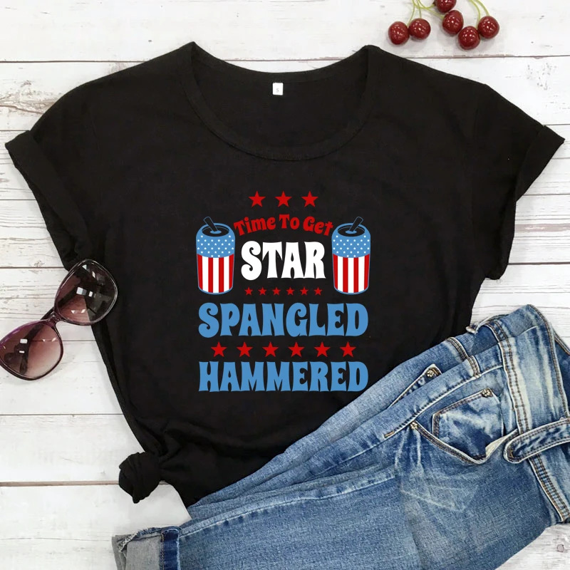 

colored time to get star spangled hammered T-shirt retro Women Short Sleeve graphic 4th of July Tee shirt