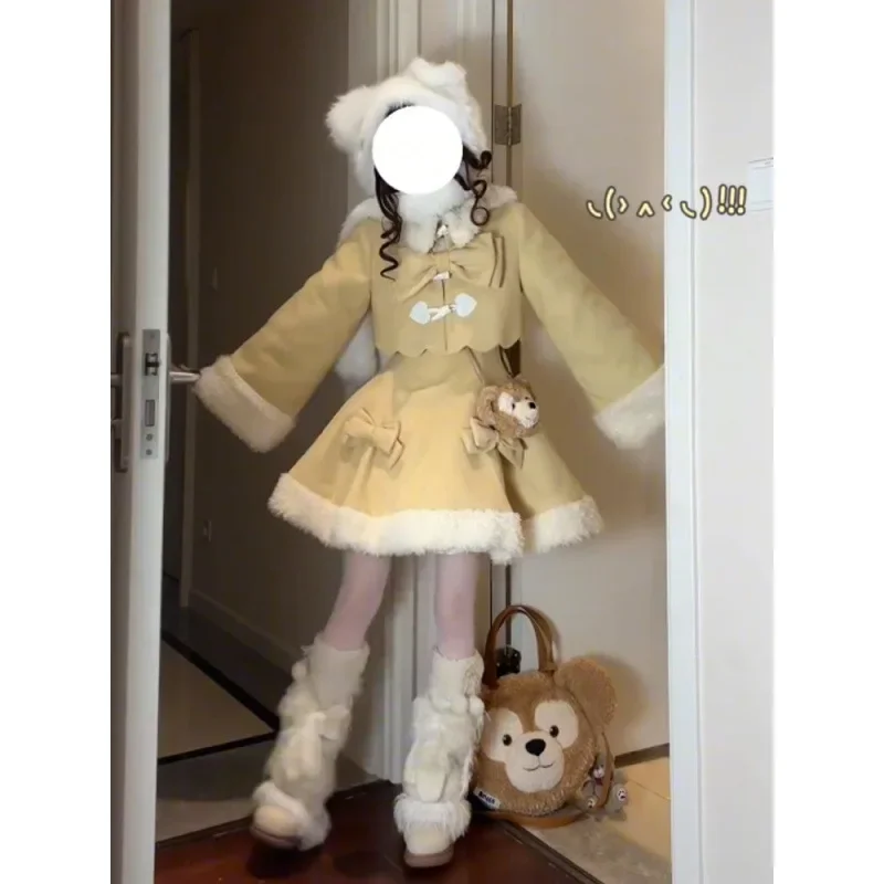 

2026 модный наряд для девочек, комплект с короткой пышной юбкой в стиле принцессы, вязаный шерстяной плащ и узел-бабочка, утягивающий зимний дизайн