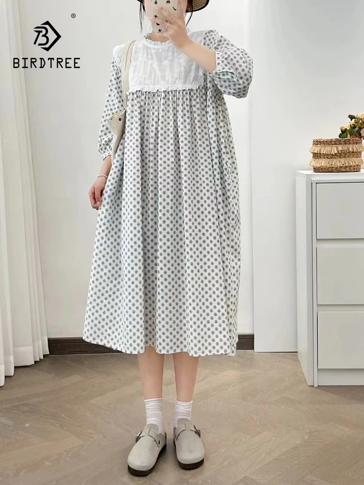 New Summer Cotton 3/4 Sleeve Embroidery Dresses O Neck Print Dress Mori Girl Casual Sweet Loose Chic Dress 2024 Autumn D474129QC