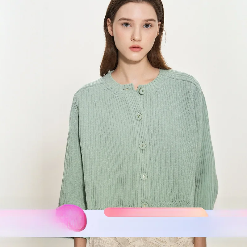 

Ele Simple Classic Pure Color Knitted Loose round Ne Open Cardigan Tim24 Autumn 528 Faionable Casual Women's Sweater