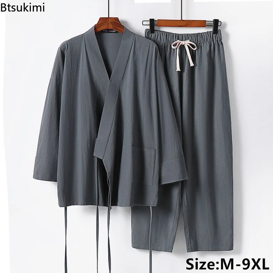 

2026 Men's Summer Cotton Linen Two Pieces Chinese Style Lace Up Kimono Tops+Pants Casual Suit Male Vintage Hanfu Tang Suit M-9XL