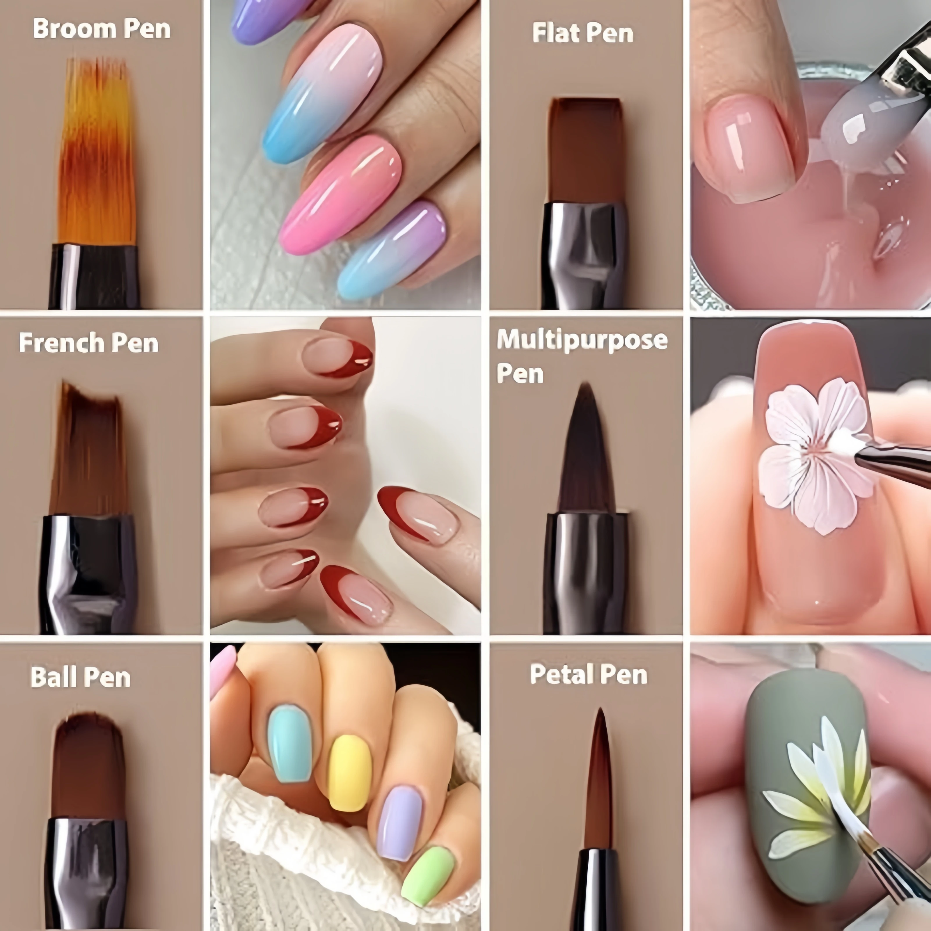 9 pçs pincéis de arte do prego profissional pintura caneta forro diy escova para design da arte do prego ferramenta manicure marrom e cinza