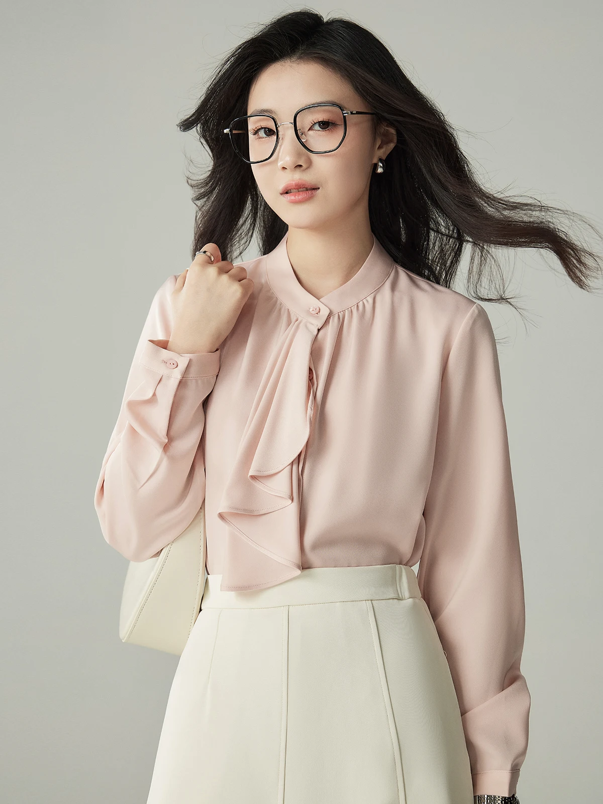 

Yakejia Commuter Style Shirt Women's Spring Autumn Sakura Pink Irregular Sash Professional Atmosphere Long Sleeve Pure Color