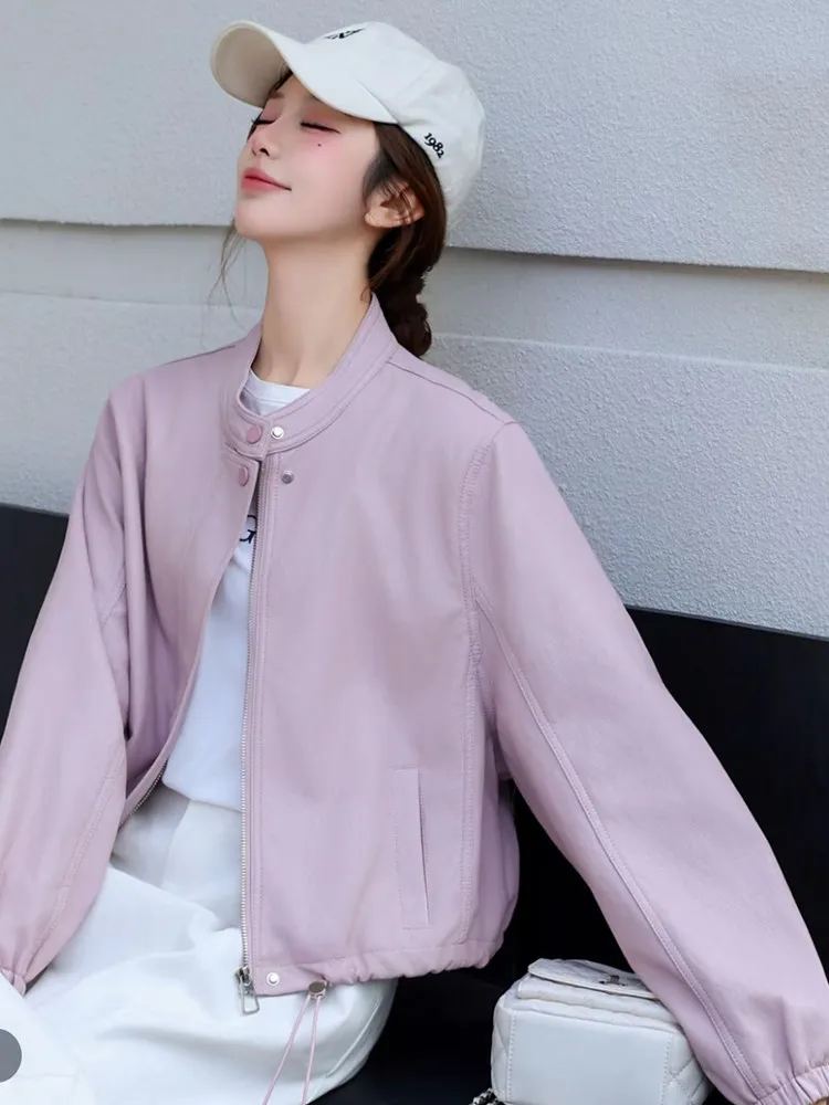 

Корейская кожаная куртка с воротником-стойкой и завязками по низу, укороченная, женская, весна 2026, модная, универсальная, повседневная