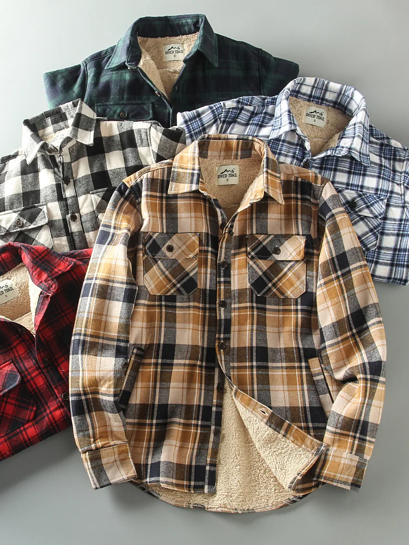 

Retro American Sle Fce Lined Thiened Warm Plaid Casual irt Cotton Jaet for Men Trendy Turn-down Collar Winter Coat