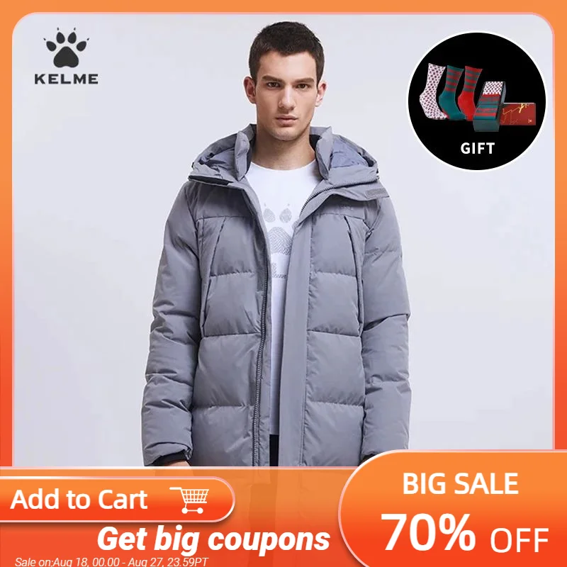 KELME Sports Down Coat Men's Long Winter Thick Warm Hooded Football Training Over-the-knee Jacket 8161YR1003