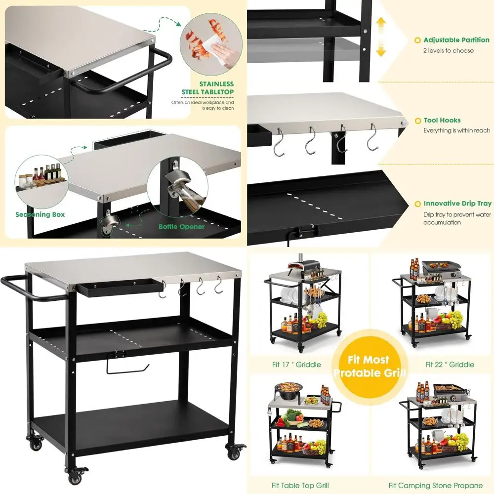 

Multifunctional Outdoor Grill Cart Table with Pizza Oven, 4 Lockable Casters, Hooks, and Side Handle - Black Stainless Steel